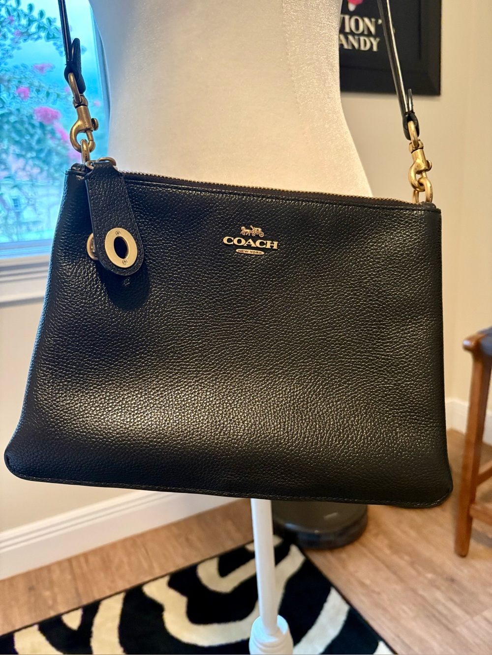 Coach Black Pebbled Leather Double Zip Crossbody Bag CH845 Gold Hardware